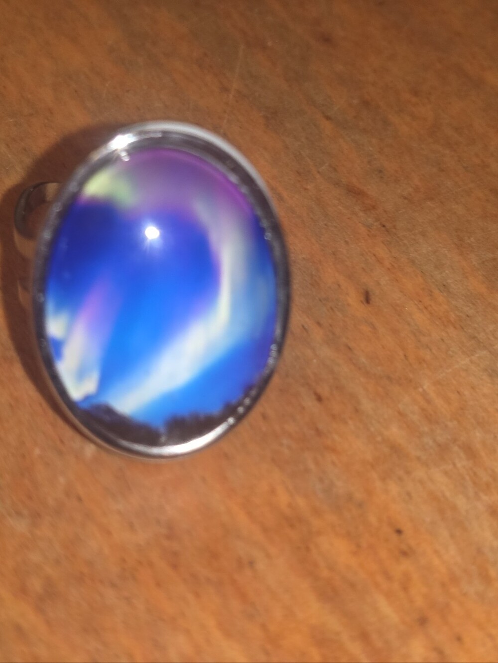 Purple & Blue Northern Lights Cabochon In Ring In Adjustable Silver Tone Frame